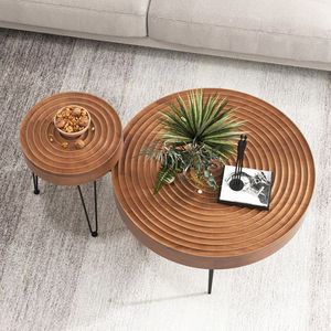 Set di 2 Tavolini da Caffè Rotondi in Legno Massello con Motivo ad Anello, Stile Rustico - Product Image 4