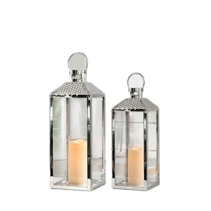 <b>Set</b> of 2 Modern Stainless Steel Candle <b>Lanterns</b> Large & Medium Size Silver Chrome Finish Metal & Tempered Glass Indoor Outdoor - Product Image 1
