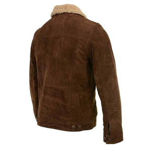 <b>Men's</b> Brown <b>Suede</b> Leather Motorcycle <b>Jacket</b> Faux Fur Stand Collar Front Casual Winter Style Color Blocking Zipper Closure - Product Image 4