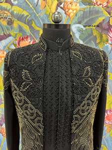 Sherwani Festivo para Hombre con Cuello Mandarín, Diseño Fénix Dorado, Sin Arrugas, Base de Lachka TR Premium, Cuentas Doradas Antiguas - Product Image 4