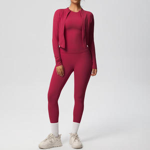 High Quality Custom Logo Women's 2-Piece Gym <b>Yoga</b> Sports Tracksuit Casual Knit Fabric Solid Long Sleeve Zipper <b>Jacket</b> Legging - Product Image 4