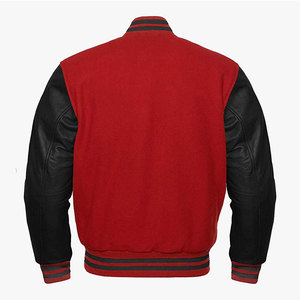 Red <b>Men</b> Varsity <b>Jacket</b> Black <b>Leather</b> Sleeves Stand Collar Casual Autumn Style Button Closure Regular Fit - Product Image 2