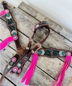 Ensemble de têtière et de peitorale en cuir western sur mesure, incrustations turquoise et conchos, équipement équestre personnalisé, vente chaude - Product Image 2
