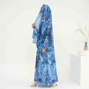 Abaya musulmane moderne bleu marine élégante pour femmes, style Dubaï, robe longue islamique modeste à devant ouvert avec ceinture perlée légère - Product Image 2