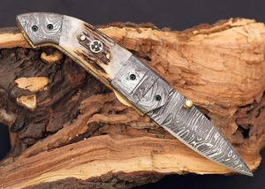 Cuchillo de bolsillo plegable de acero de Damasco hecho a mano con punta de caña, mango de cuerno - DIY OEM, regalo multifuncional de aniversario para él - Product Image 6