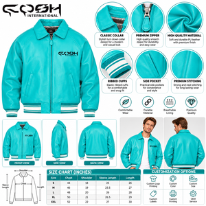 Chaqueta Varsity de cuero PU color turquesa para hombre, con cierre de cremallera, cuello vuelto, estilo deportivo, chaqueta bomber, chaqueta de cuero informal y elegante para hombre - Product Image 6