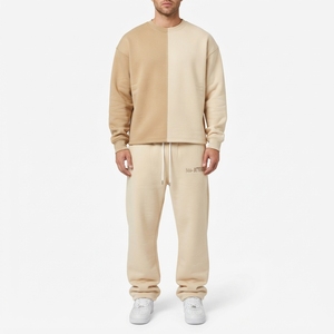 Men Beige Two Tone Sweatshirt <b>Jogger</b> <b>Set</b> Crewneck Contrast Panel <b>Matching</b> Two Piece Tracksuit Streetwear Outfit - Product Image 1