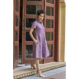 Robe chemise élégante en coton et lin pour femme, violette, boutonnée, manches mi-longues, robe de bureau décontractée mi-longue - Product Image 3