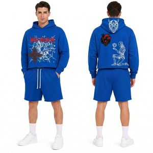 Ensemble de survêtement décontracté pour homme en coton bleu, 2 pièces, avec sweat à capuche et short assorti - Product Image 1
