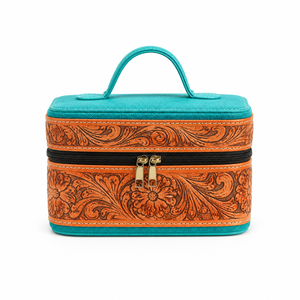 Tooled Leather Vanity Case Utility <b>Box</b> |Turquoise Suede <b>Makeup</b> Organizer, Travel Cosmetic Bag Handmade | OEM Export India 2026 - Product Image 1