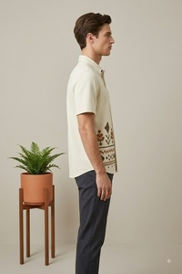Chemise décontractée pour homme en coton blanc à manches courtes avec broderie florale à la main, col marin, tenue d'été, belle chemise - Product Image 3