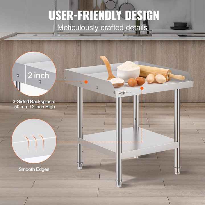24 X 24 X 26 Inch Commercial Stainless Steel Worktable 3-Sided Backsplash Heavy Duty Prep Worktable Laboratory Furniture
