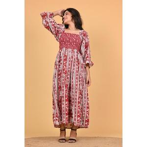 Robe longue maxi bohème 100% coton imprimé au bloc, écologique, pour femme, smockée, style indien, idéale pour les fêtes estivales - Product Image 4