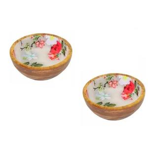 Bol de service en bois de manguier, forme ronde, pour table à manger, bols décoratifs pour salade et soupe avec impression émaillée - Product Image 1