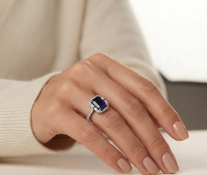 Pragalbh Jewels Wholesale 925 <b>Silver</b> <b>Emerald</b> Cut Blue Stone Halo <b>Ring</b> with Moissanite Accent Stones Luxury Fine Jewelry - Product Image 6