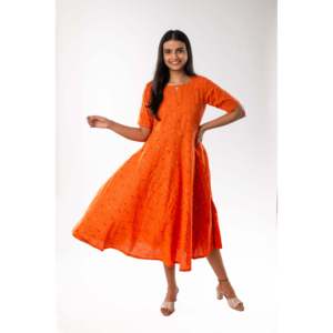 Naranja puro Ikkat algodón acampanado vestido de una pieza - Product Image 2
