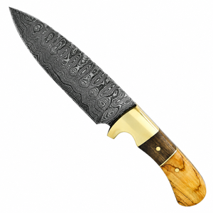 Couteau de chasse Golden Bolster à motif Damas avec manche en bois brun miel, lame pointue gris foncé et broches en laiton pour le camping - Product Image 1