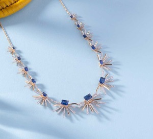 18K Solid Gold IGI Certified Luxury Choker <b>Necklace</b> with Blue Sapphire and White Diamonds | Elegant Rhodium Plated Design - Product Image 1