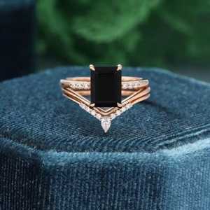 Black Onyx Ring Emerald Cut Ring Set Of 3PCS 925 Sterling <b>Silver</b> 14K Gold Plated Wedding Engagement Ring - Product Image 1