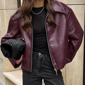 Blouson bomber en cuir PU écologique pour femme, couleur unie, fermeture éclair sur le devant, col rabattu, manches longues, longueur courte, automne-hiver - Product Image 4