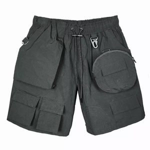Shorts cargo pour homme, couleur unie, taille mi-haute, cordon de serrage, taille élastique, tissu en toile respirant, style décontracté, noir, poches, logo sur le devant - Product Image 6