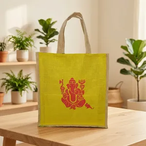 Sac de prière en jute moderne avec sangle personnalisée, capacité de 1,9 L, 8x8x8, sac cadeau religieux en jute naturel pour la Pooja et les occasions festives - Product Image 1