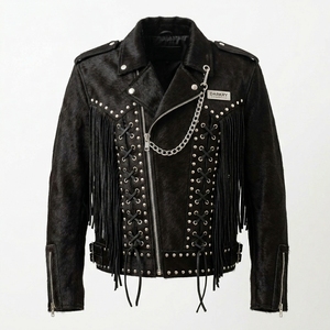 Custom Mens Western Goth Rockstar Cowhide Hair On Fringe Studded Heavy Metal Asymmetric Zip Motorcycle <b>Biker</b> Punk Luxury Coat - Product Image 1