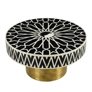 Table basse ronde artisanale en os incrusté avec piétement en laiton, motif étoile géométrique moderne, style marocain, table d'appoint centrale - Product Image 4