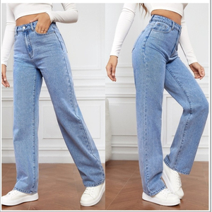 Vaqueros de mezclilla de cintura alta y pierna ancha para mujer, corte holgado, azul lavado a la piedra, pantalones casuales de longitud completa con cinturón, estilo otoñal - Product Image 3