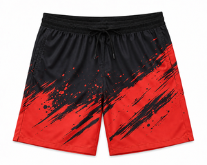 Shorts de sport écologiques pour hommes, imprimés par sublimation, séchage rapide, rouge et noir, taille à cordon, logo personnalisé, pêche, surf, tendance - Product Image 1