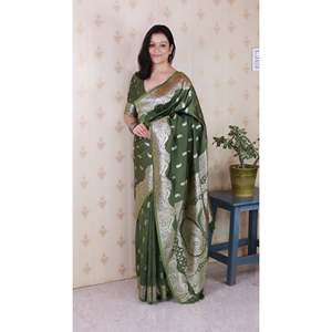 Sari de Seda Suave Banarasi Verde Mehendi con Zari Plateado Tejido, Prenda Tradicional India Premium, Tejidos de Élite, 650g - Product Image 6