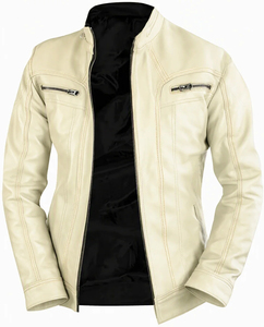 Blouson moto en cuir PU beige pour homme, col montant, fermeture éclair, coupe ajustée, manches classiques, idéal pour l'automne - Product Image 6