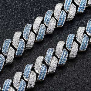 Blue Iced Out Cuban Link Silver Chain Rhodium Plated Round Brilliant Cut Moissanite Micro Insert Hip Hop Unisex Wedding <b>Bracelet</b> - Product Image 4