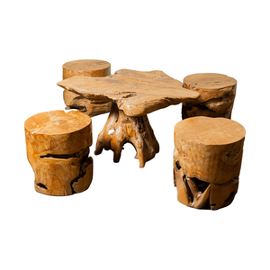 ARTERRA Ensemble de table en racine de teck rustique avec tabourets en bois naturel, mobilier de salon artisanal haut de gamme pour maisons de luxe, hôtels, villas et cafés - Product Image 1