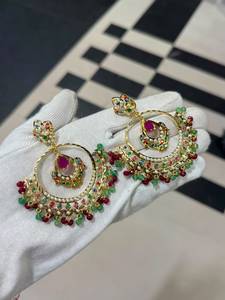 Boucles d'oreilles de luxe plaquées or et rhodium, faites à la main, avec perles Jadau, style chandelier, ethniques indiennes, pour mariée, mariage, déclaration, Kundan, cadeau de fête - Product Image 1