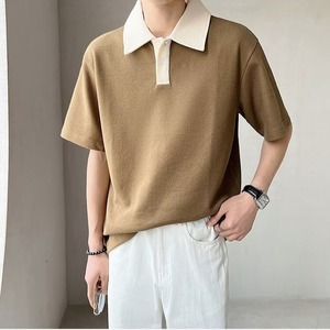Polo à manches courtes en tricot bleu clair pour homme, décontracté, couleur unie, respirant, en coton, coupe classique - Product Image 2