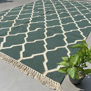 Tapis en laine tissé plat géométrique moderne, motif treillis Ogee, vert sarcelle et blanc, Kilim contemporain réversible, vert chasseur, tapis d'appoint écologique - Product Image 2