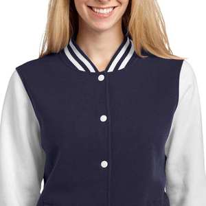 <b>Women's</b> Navy Blue Varsity <b>Jacket</b> With <b>White</b> Sleeves Full Length Button Up Collar Solid Color Contrast Design Autumn Wear - Product Image 2