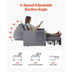 Divano Letto Convertibile Pieghevole con Tasca Laterale, Cuscino e Tavolino da Bracciolo, Schienale Regolabile in 5 Angolazioni, Misura Singola - Product Image 4