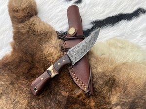 Damascus Steel Drop Point Hunting Knife With Wood Handle Serrated Edge Outdoor Survival <b>Tool</b> - Product Image 1