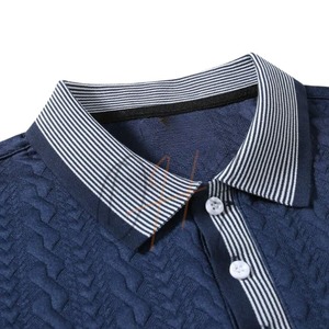 Camisa de Manga Corta para Hombre, Jacquard, Azul Oscuro, Ribete en Contraste, Corte Holgado, Informal, Tejida, 100% Algodón, Ecológica, de Secado Rápido - Product Image 3