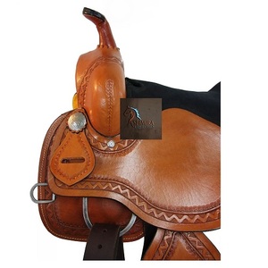 Tan Leather Western Barrel Horse Saddle With Floral Hand Carved Black Suede Seat Metal Conchos With Tack Set 10"-18" Inch LLT - Product Image 3