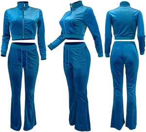 Ensemble de survêtement en velours pour femme, 2 pièces, en coton, avec pantalon évasé, motif uni, pour filles, collection hiver 2026 - Product Image 5