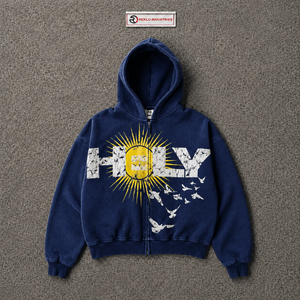 เสื้อฮู้ดซิปฮู้ดลายกราฟิกนกพระอาทิตย์ สีกรมท่า ทรงโอเวอร์ไซส์ สไตล์วินเทจ สตรีทแวร์ พิมพ์ลายแบบดิสเทรส เสื้อฮู้ดลำลอง ยูนิเซ็กส์ สไตล์คนเมือง - Product Image 5