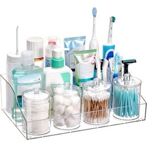 Lot de 5 organiseurs transparents pour comptoir de salle de bain, 1 plateau divisé, 4 pots porte-cotons-tiges pour brosses à dents et cotons-tiges, rangement pour étagères de salle de bain - Product Image 1