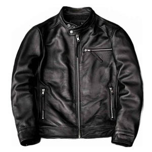 Men's <b>Black</b> Genuine Leather Moto <b>Jacket</b> Stand Collar Zipper Closure Regular Fit Solid Color Autumn Wear - Product Image 1