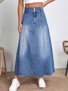 Falda vaquera midi plisada de cintura alta para mujer, corte A, holgada, con degradado de color, estilo casual urbano, falda vaquera sólida lavada - Product Image 2