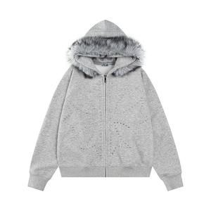 Sweat à capuche Hip Hop ample vintage, épais, essentiel, noir, délavé à l'acide et orné de strass, coupe oversize - Product Image 5