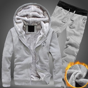Wholesale Stock Men's Winter Fur Hood Warm Track Suit With Drawstring Sweatpants Full Front Zip Hooded Thick Sweat Suit Slim Fit - Product Image 2