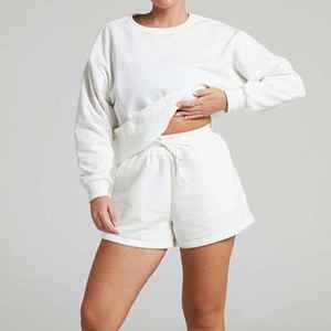 Ensemble de survêtement en coton tricoté pour femmes, 2 pièces, col rond, manches longues, coupe ample, blanc uni, décontracté, toutes saisons - Product Image 6